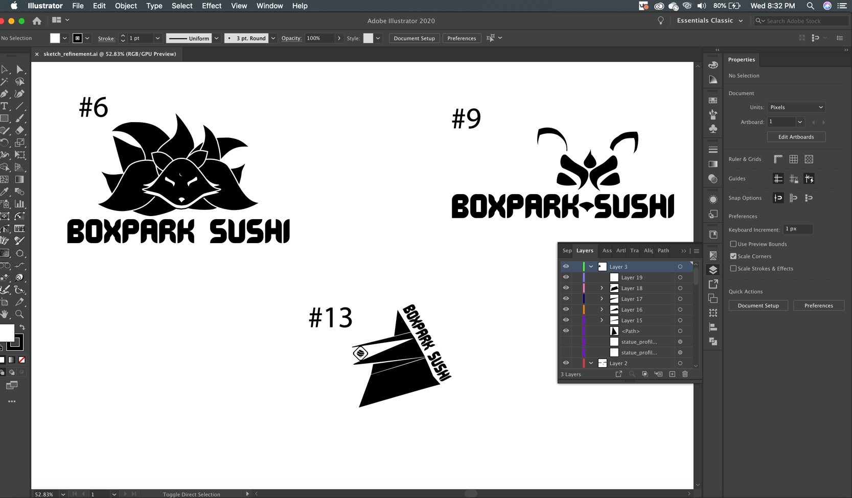 Screenshot of final three BoxPark Sushi logo iterations