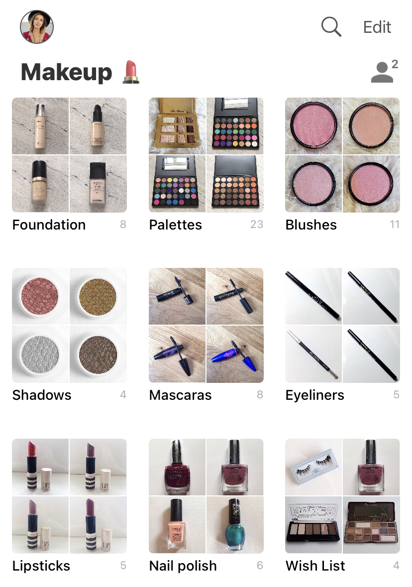 Screenshot of Peeknest app with makeup inventory