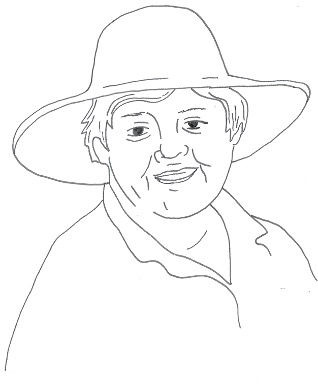 Pencil sketch drawing of a woman in a garden hat