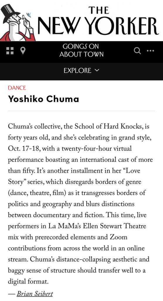 New Yorker listing for Yoshiko Chuma