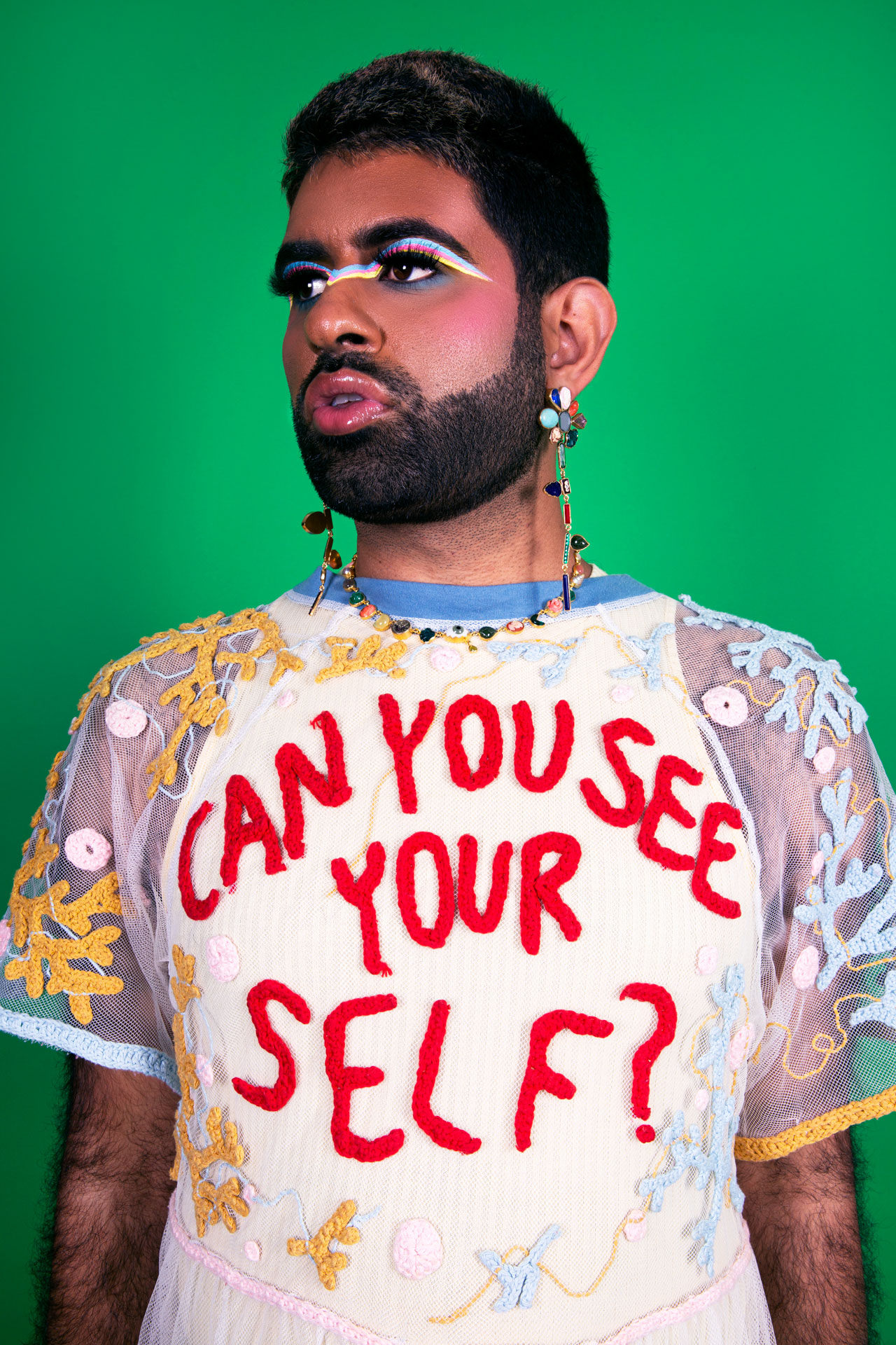 Alok wearing Lydia Morrow's handknitted dress, can you see yourself