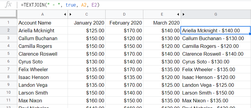  nom et paiement combinés en un seul en utilisant la fonction TEXTJOIN(), avec un délimiteur utilisé. 