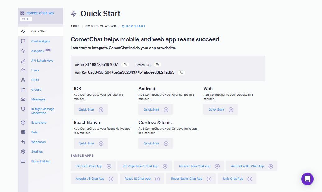 A CometChat App dashboard