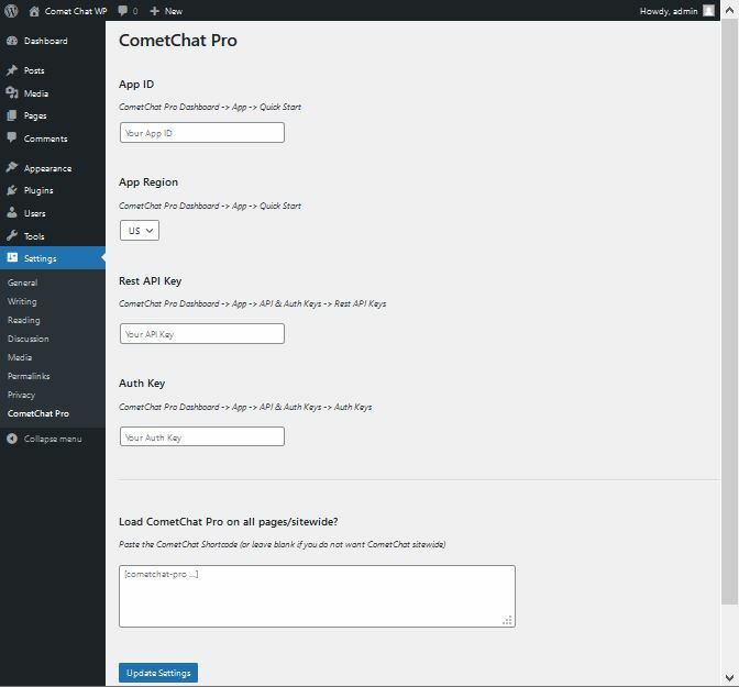 CometChat Pro configuration page