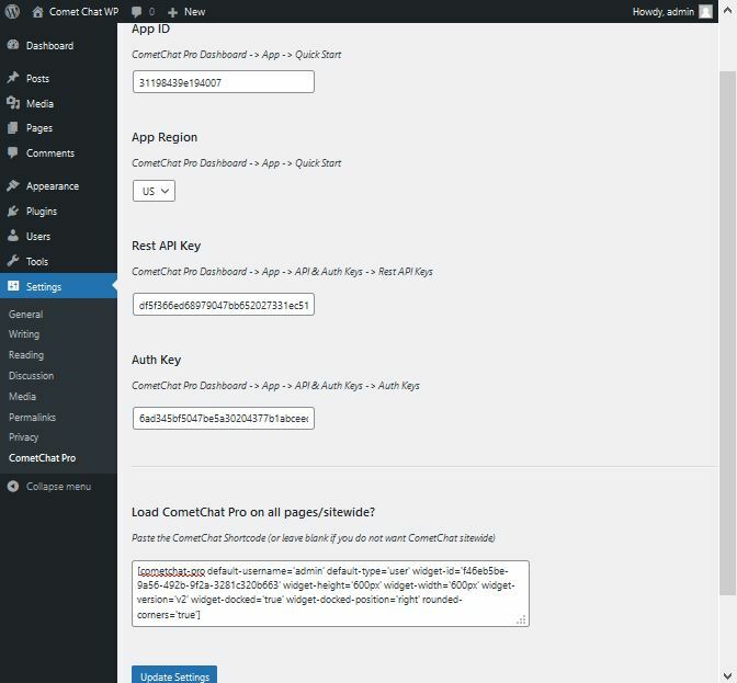 CometChat Pro configurations filled