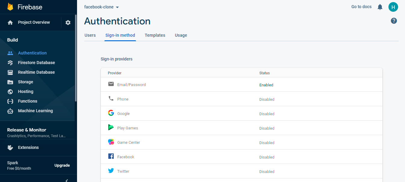 Firebase authentication displaying the sign-in method