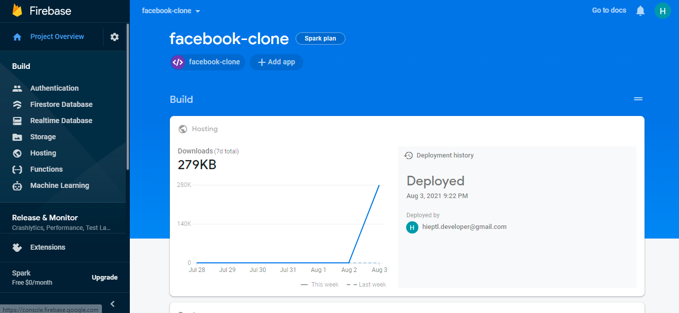 Firebase dashboard with Facebook clone displayed within a blue box