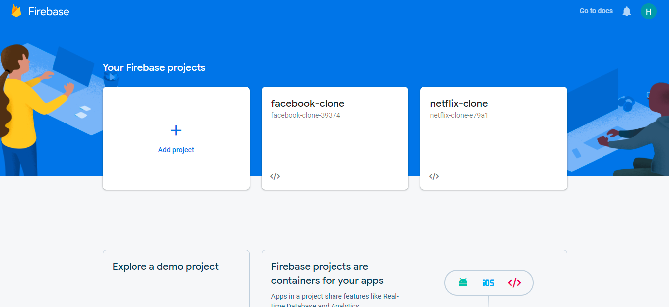 Firebase landing page displaying new projects within a blue window