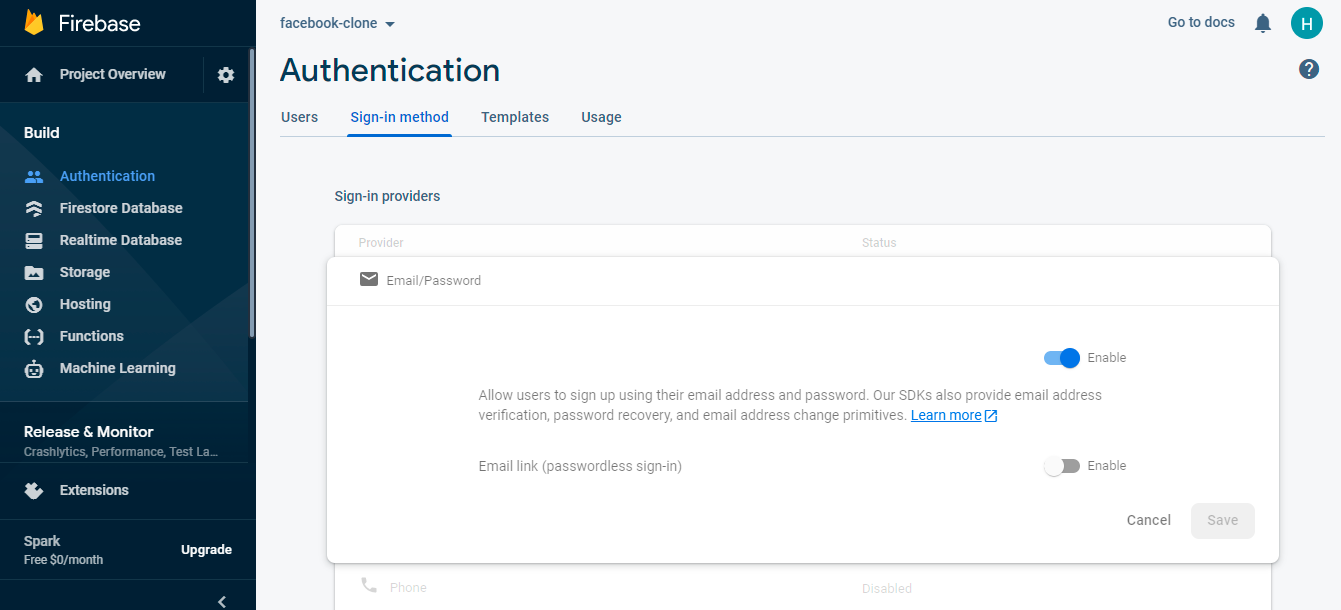 Enabling Firebase authentication with email and password