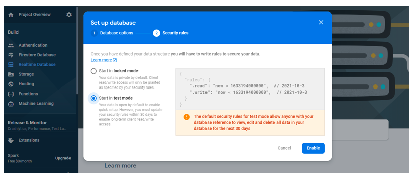 Select “Start in test mode” for the learning purpose