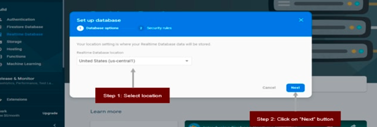 Select location where you realtime database will be stored