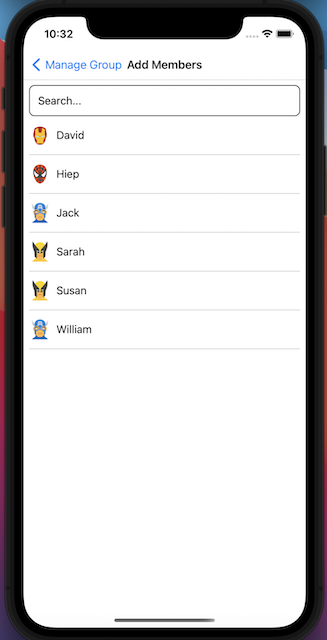 The Add Group Members Page for React Native Gifted Chat
