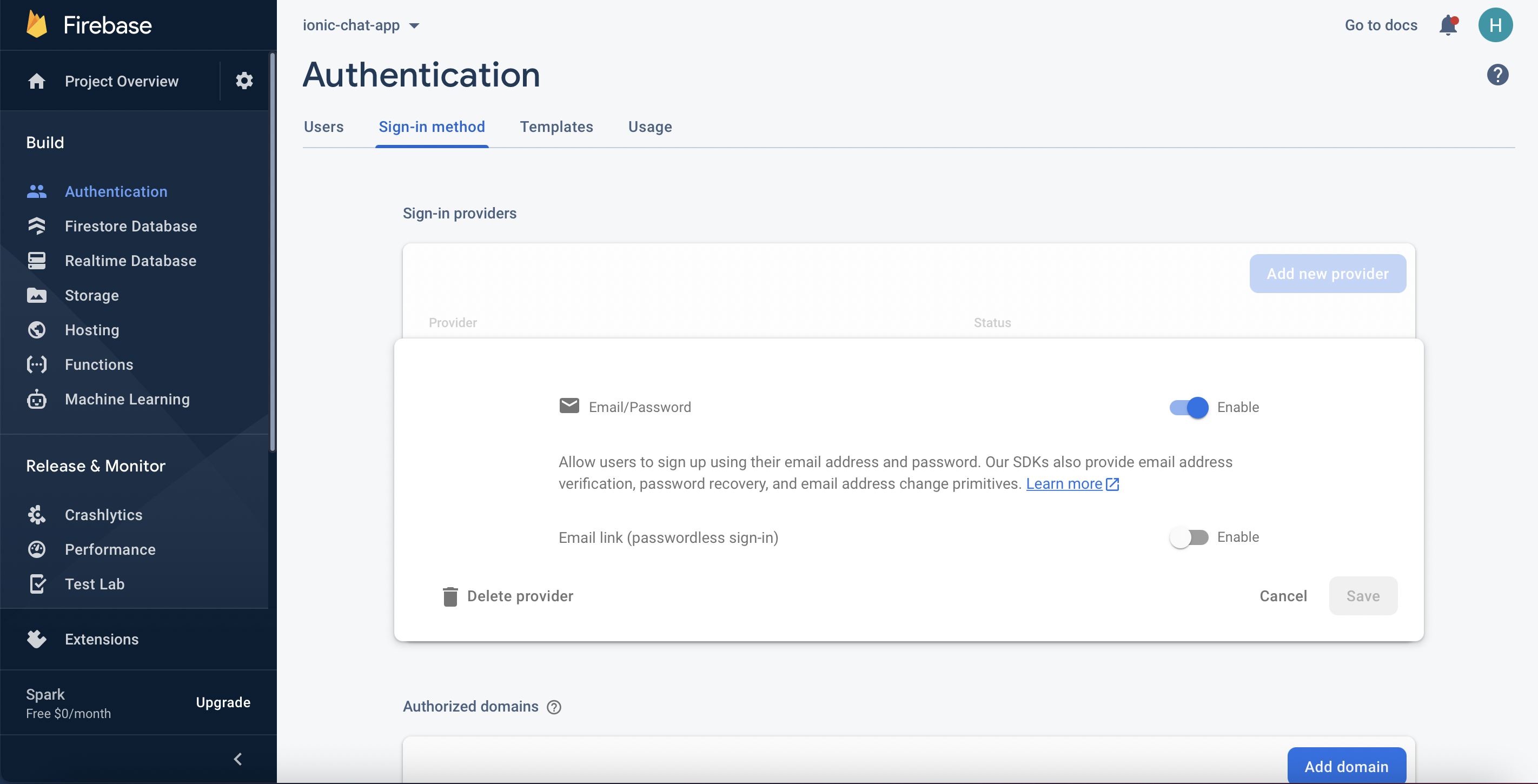 Enable Firebase Authentication with Email and Password