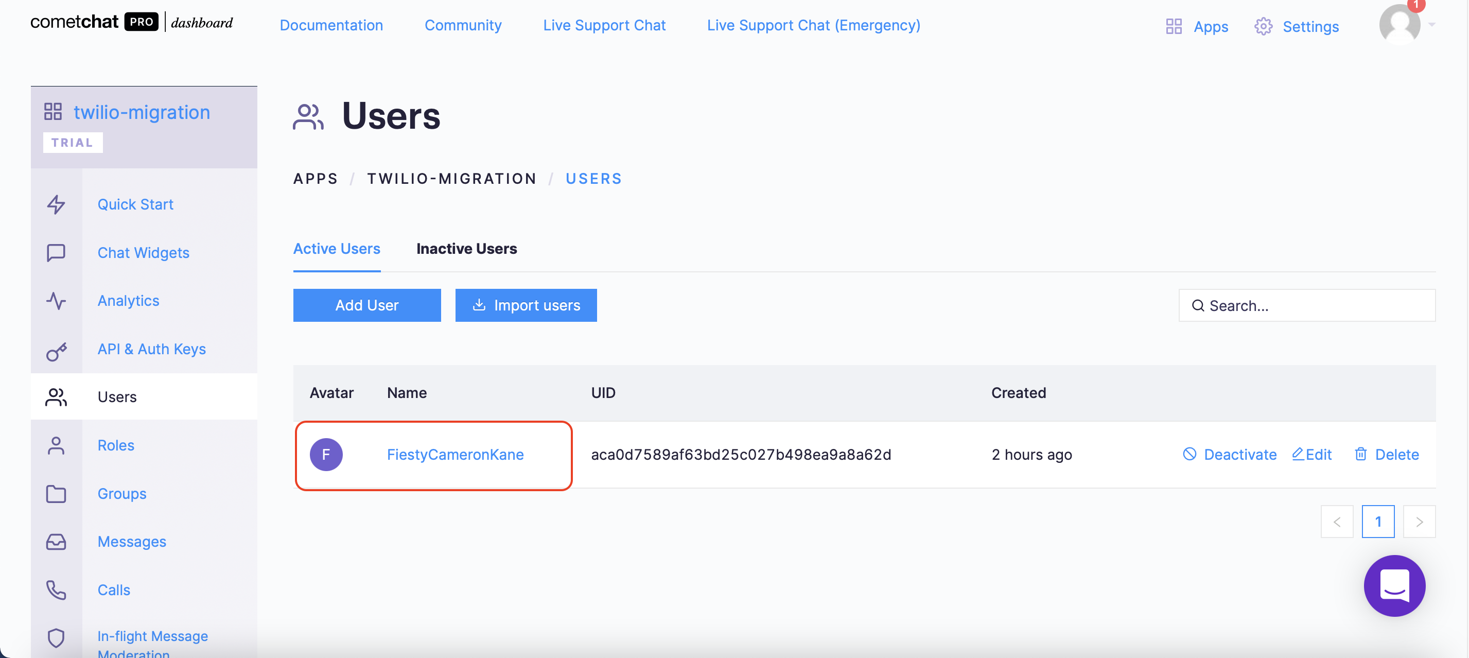 The user data - CometChat dashboard