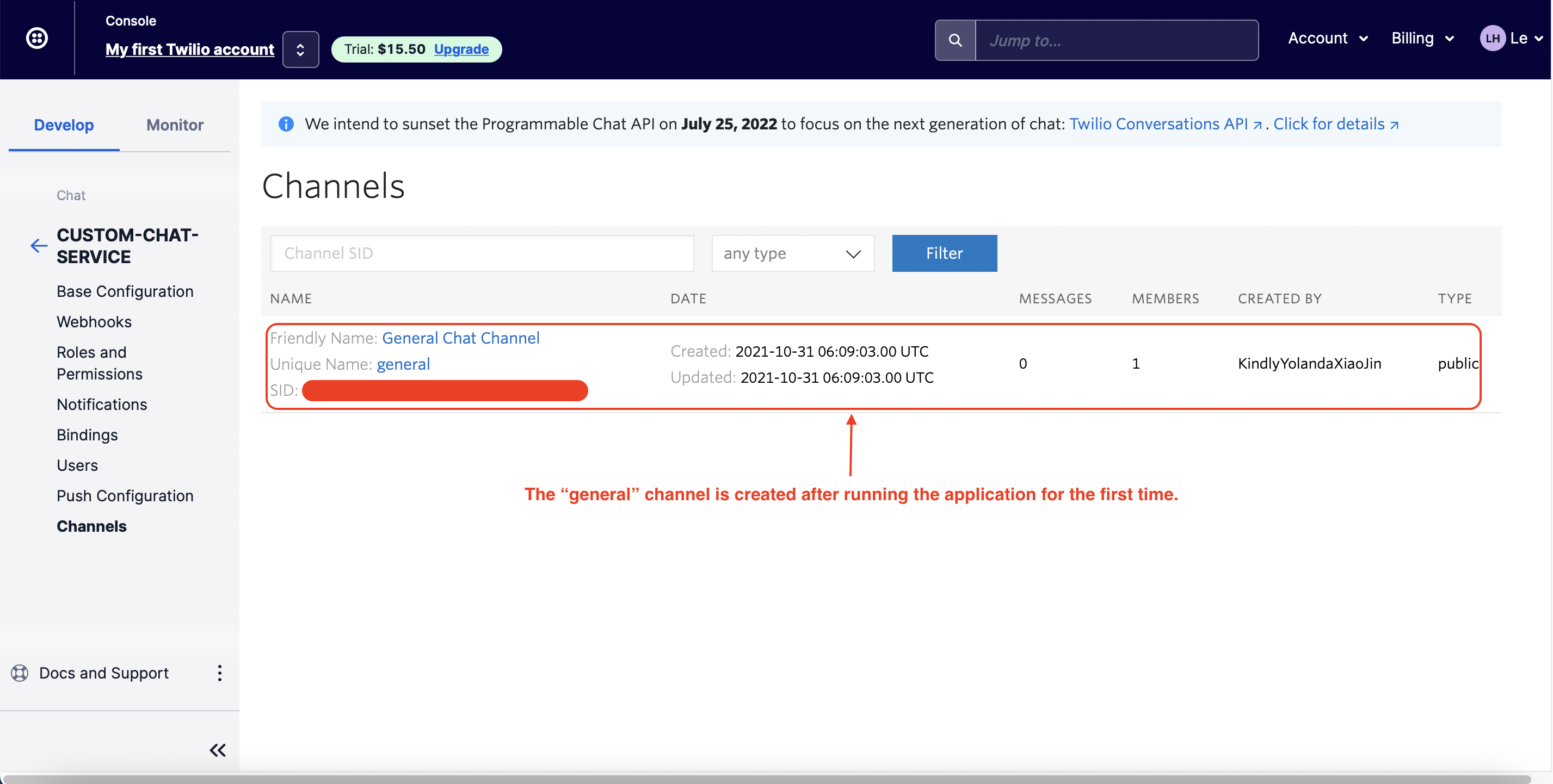 The general channel is created after running the application for the first time