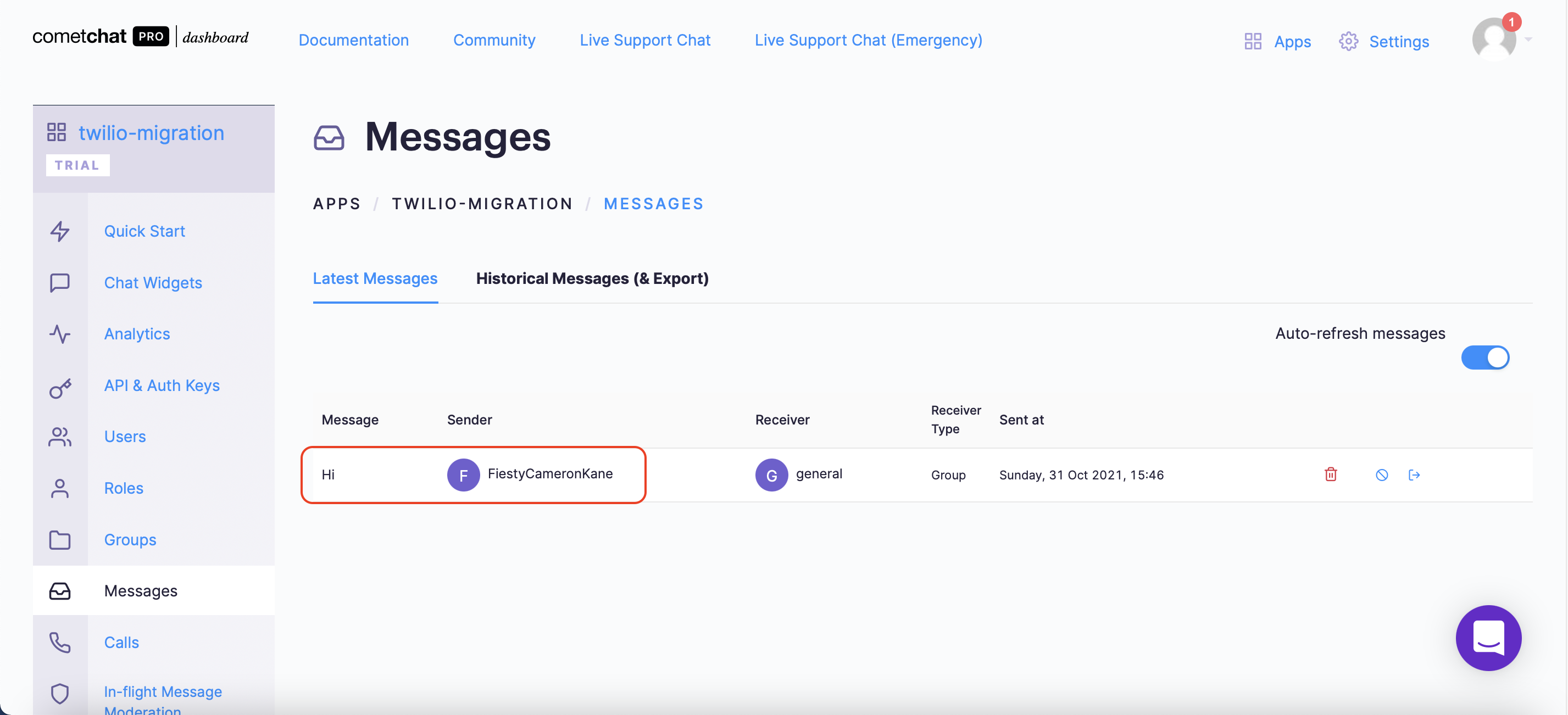 The message data - CometChat dashboard