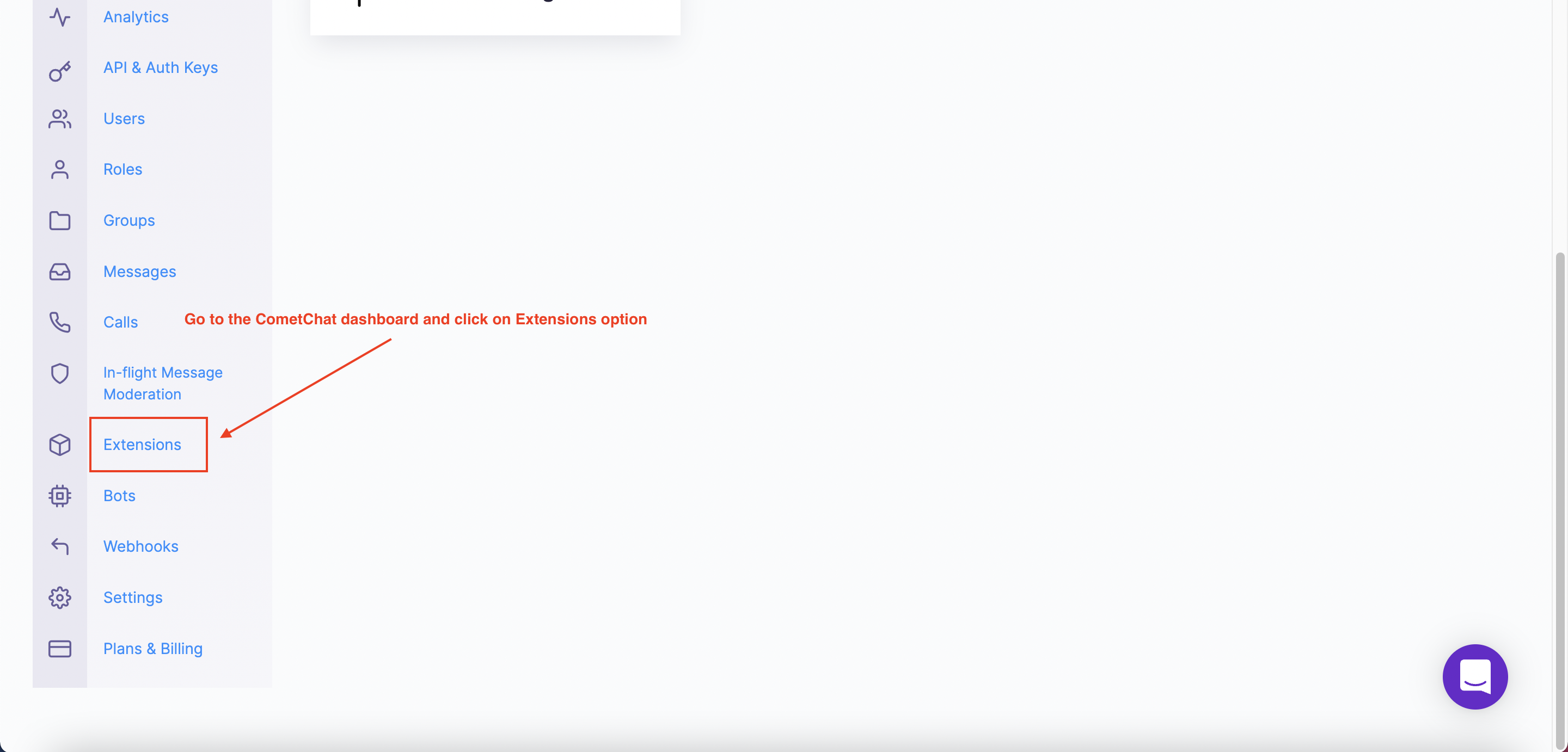 Go to the CometChat dashboard and click on the Extensions option