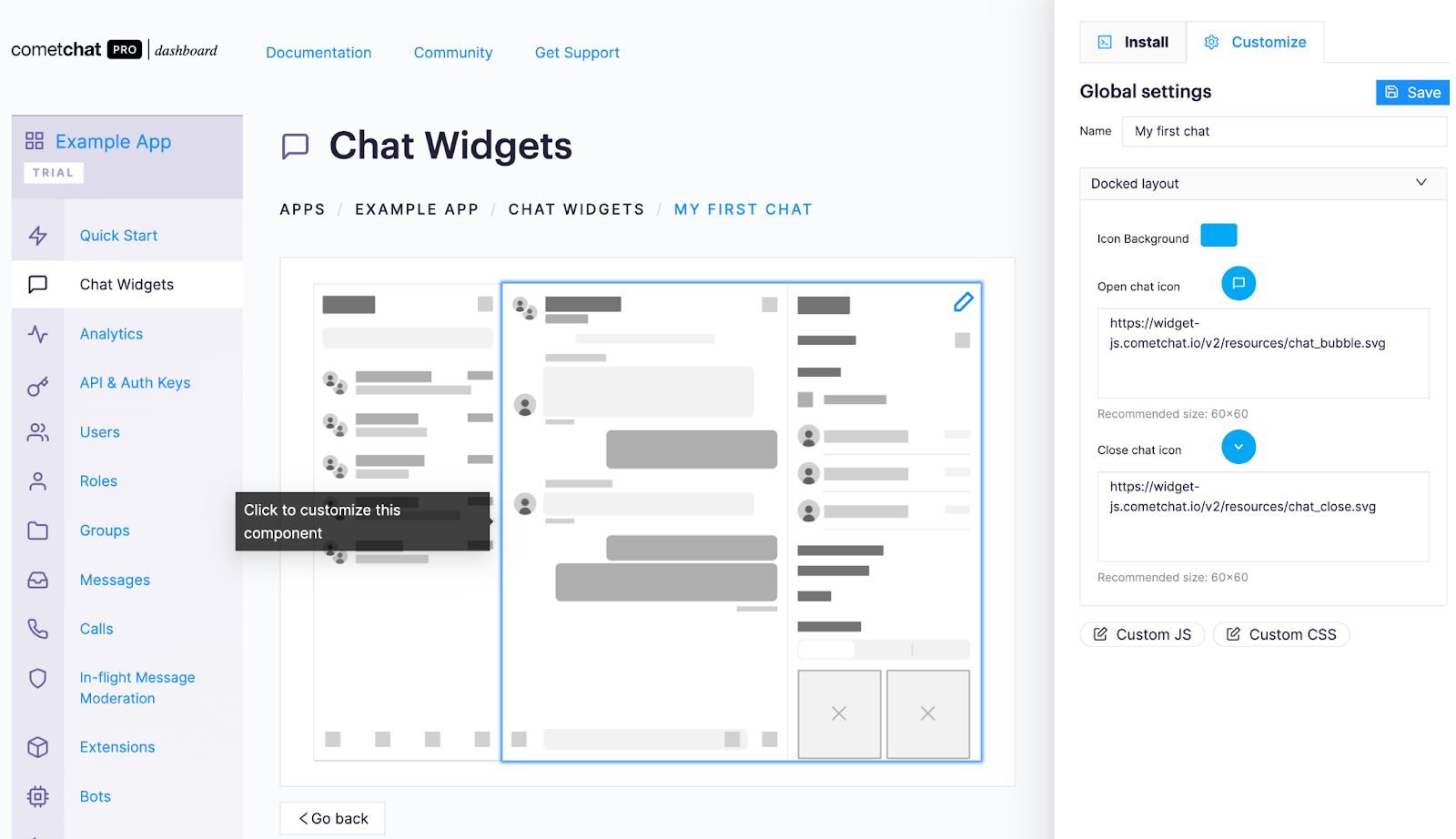 User interface for modifying a new chat widget