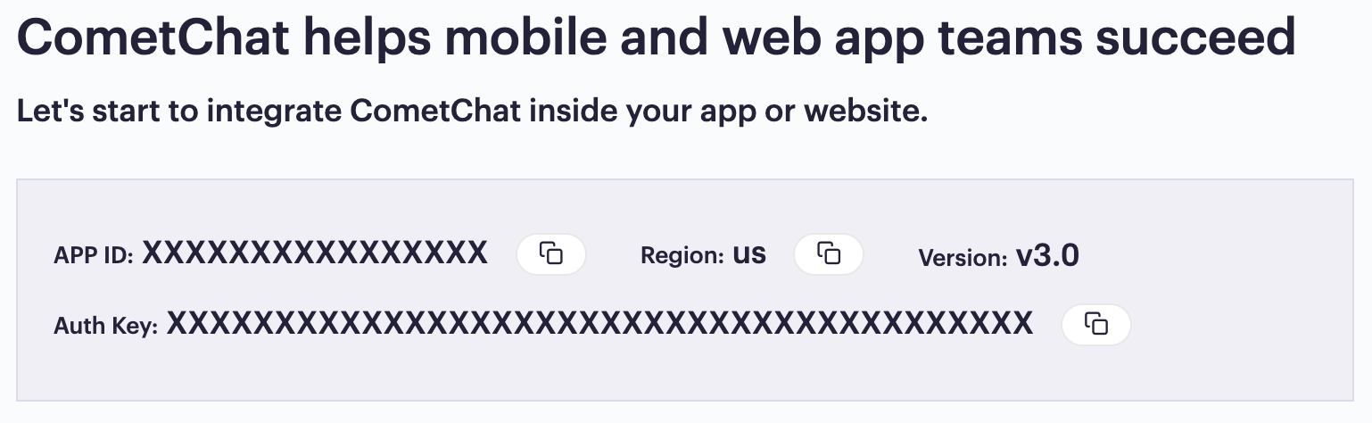 An Apps authorization keys displayed in the CometChat dashboard