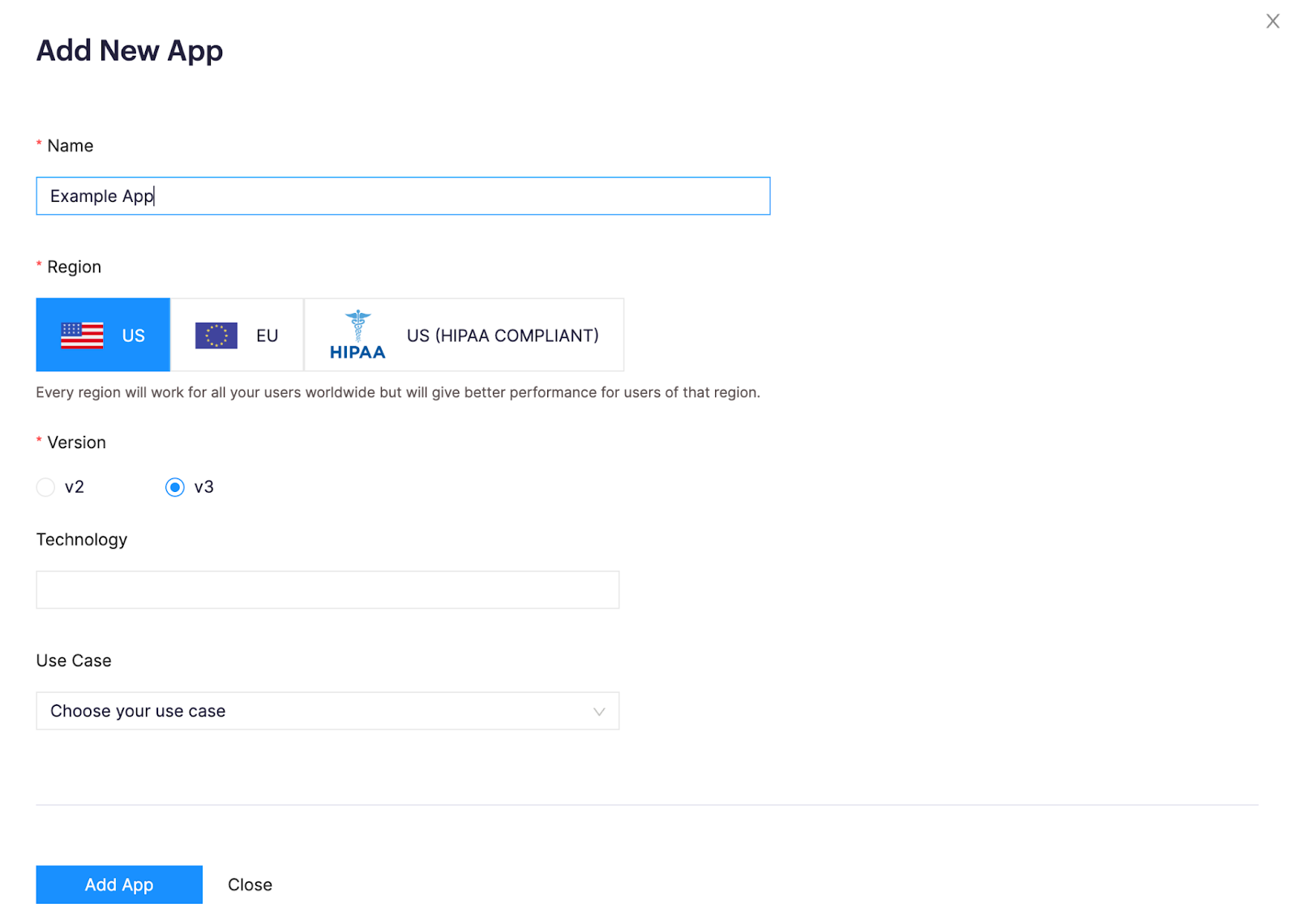 Form to provide a name and select the region for a new CometChat App