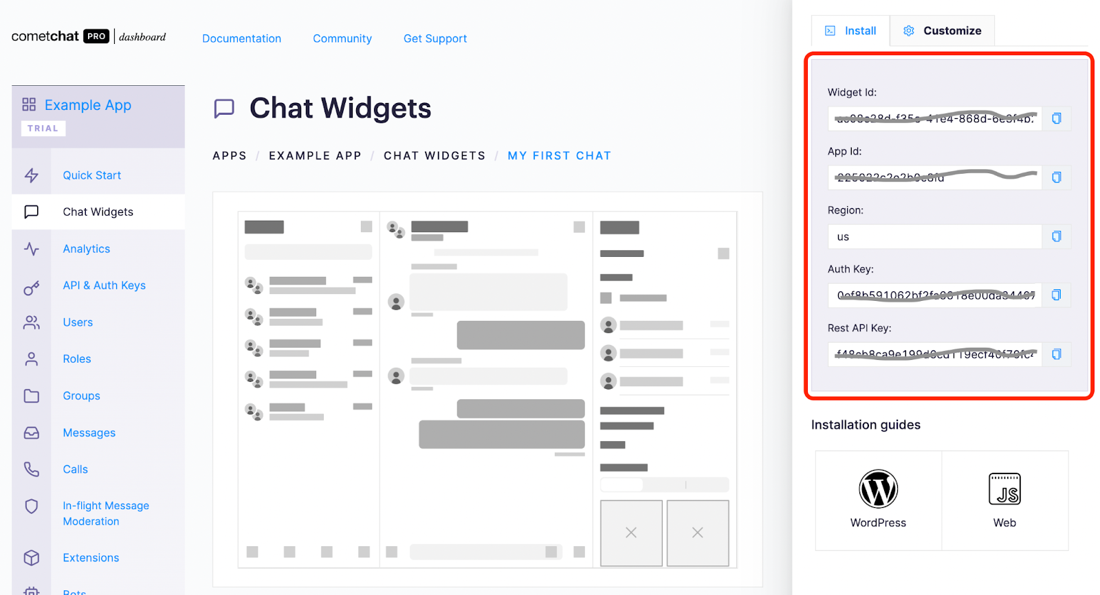 A Chat Widgets authorization keys displayed on the CometChat dashboard