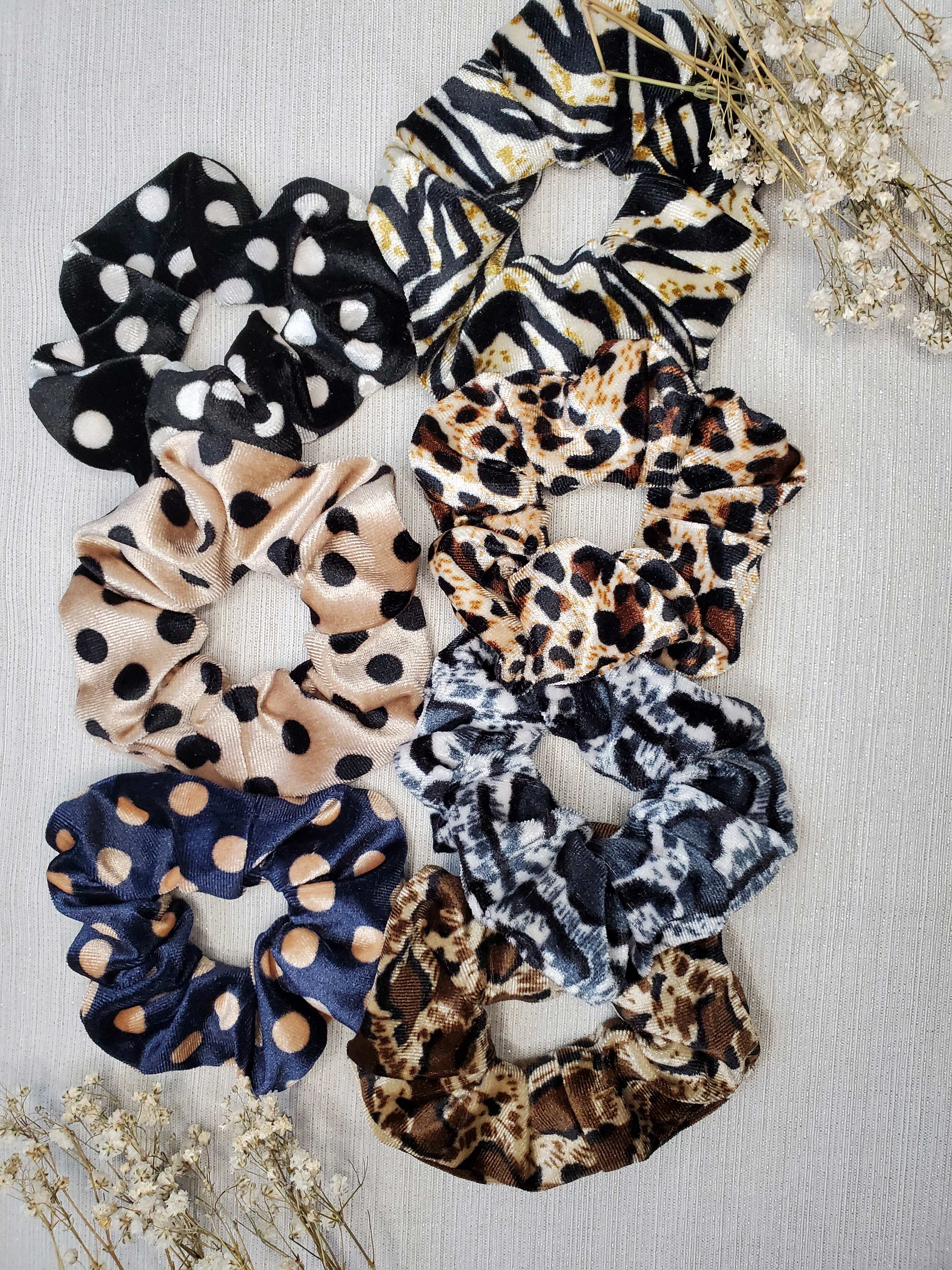 7 scrunchies (3 polka dot and 4 animal print)