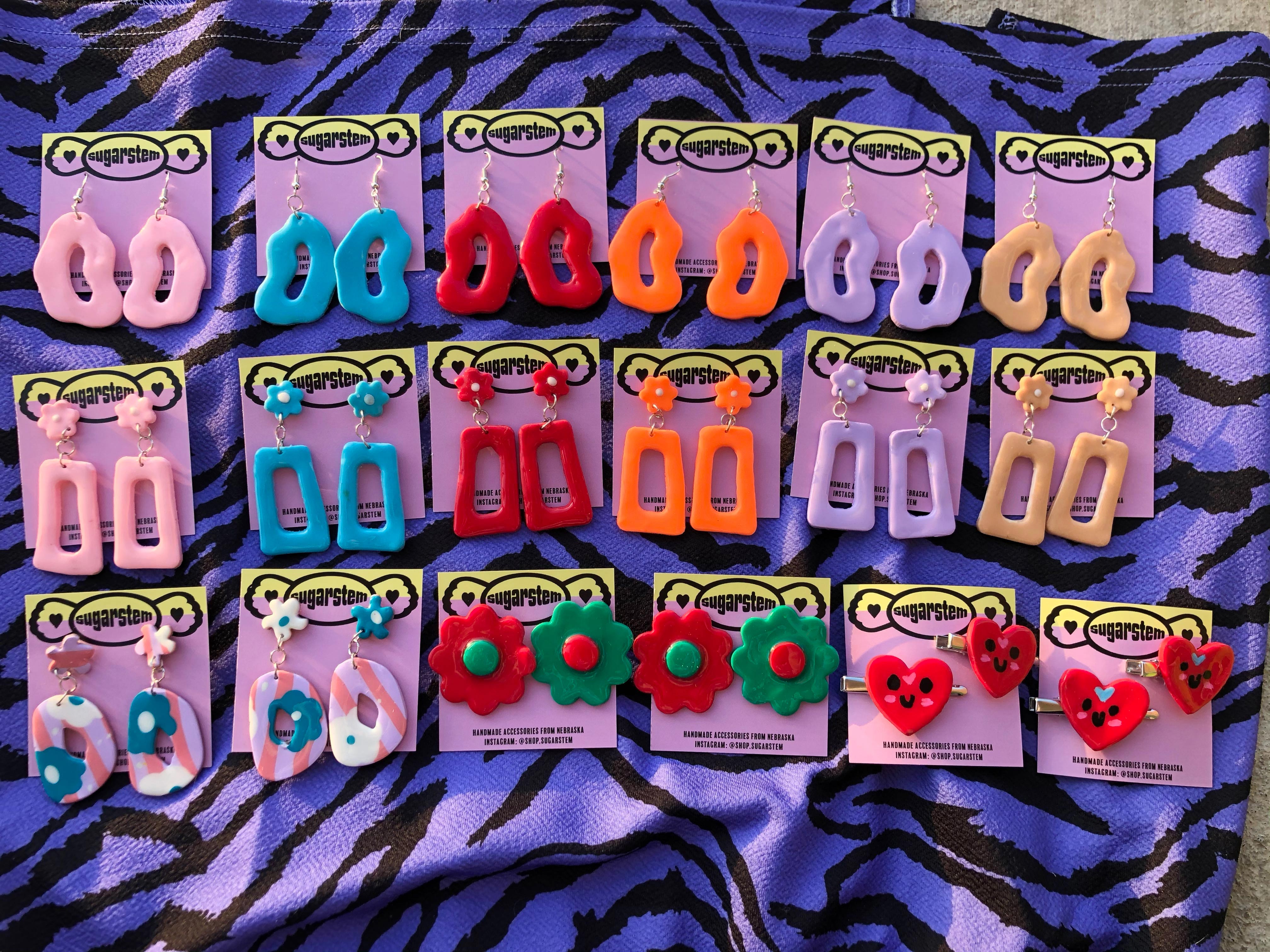 Rectangular and organically shaped hoops and heart-shaped hair clips