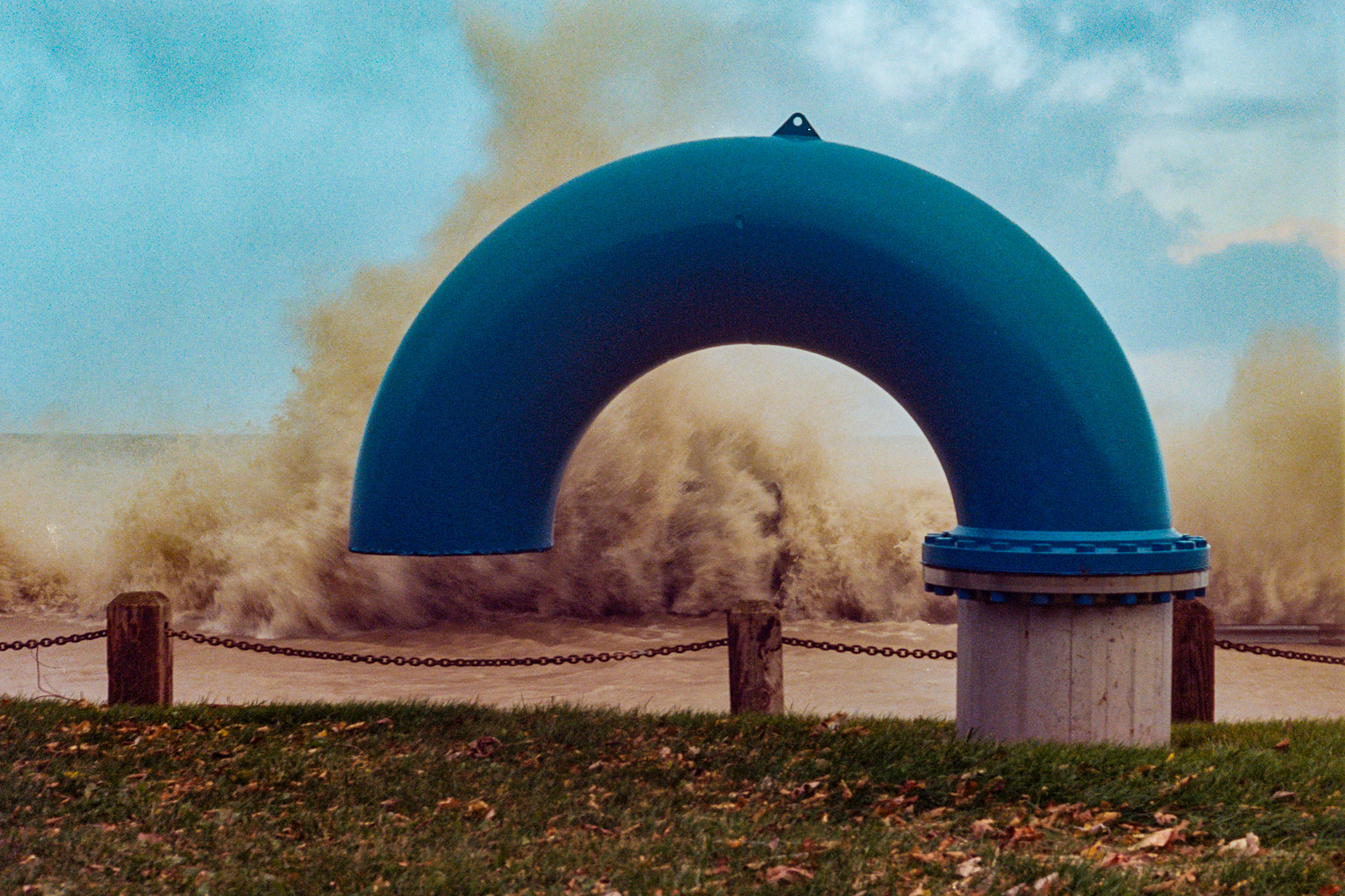 Photograph of a blue macaroni-shaped pipe