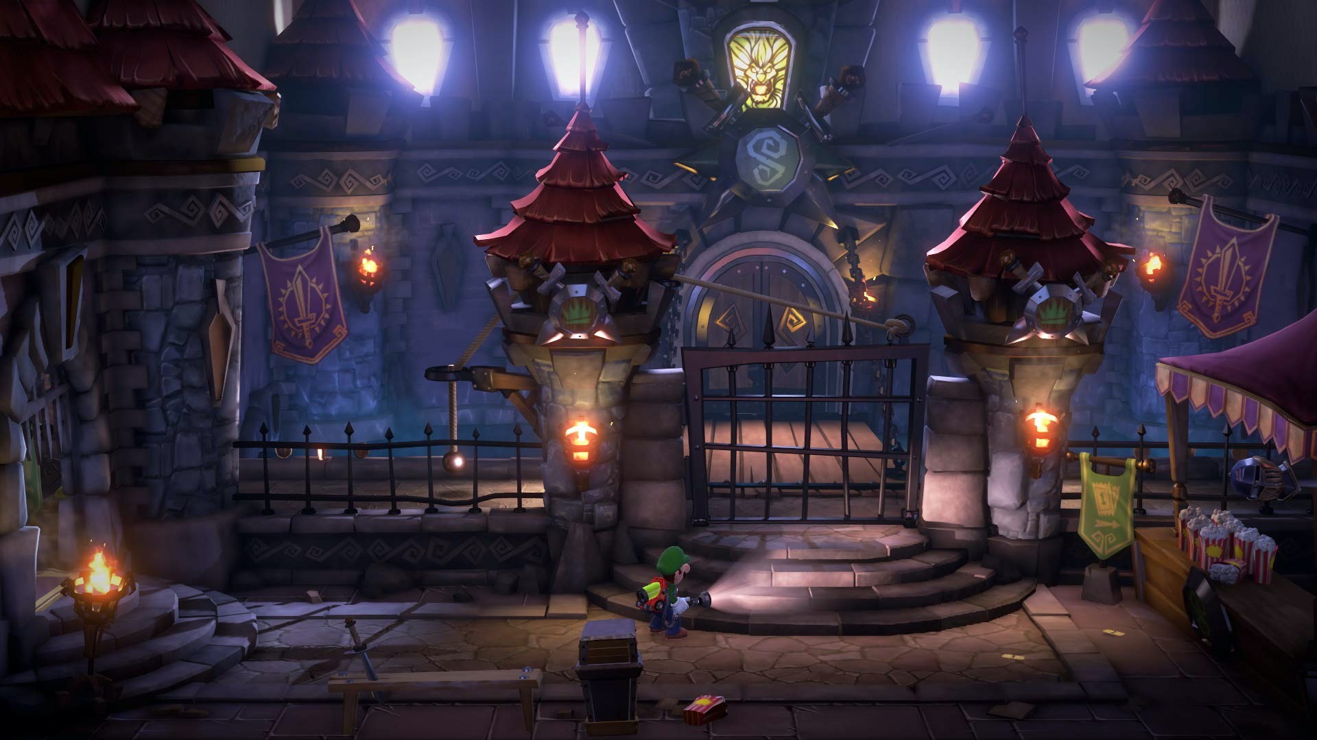 Luigi exploring a castle-themed level.