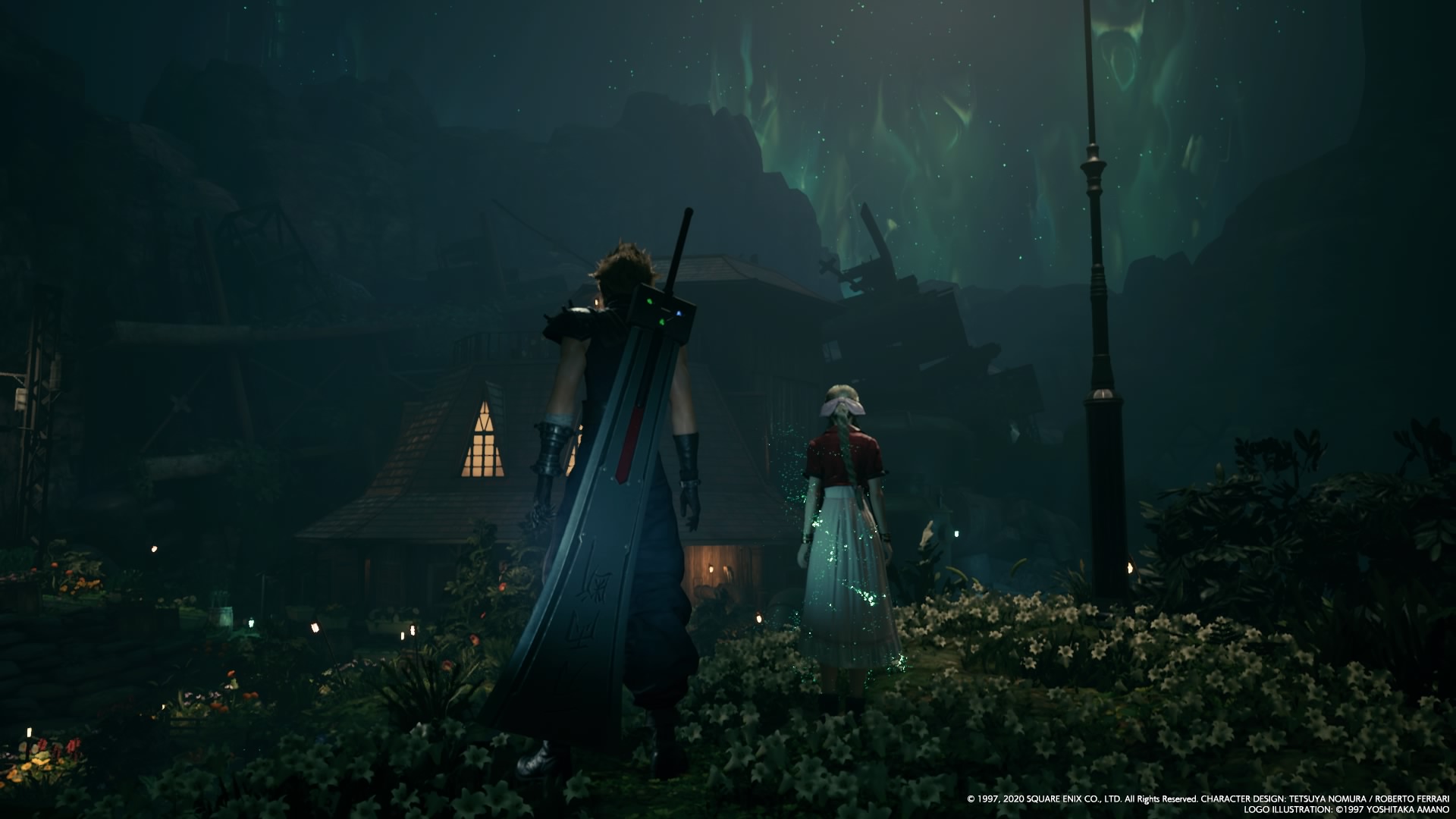Cloud & Aerith in the garden at night.