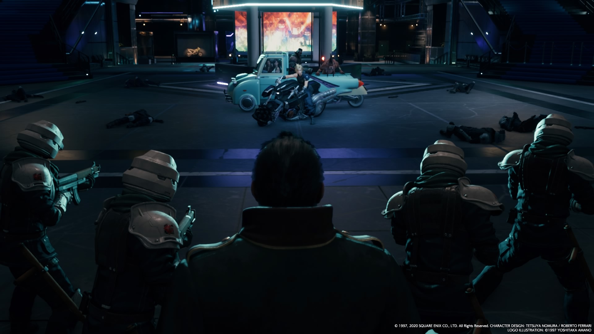 Cloud on a motorcycle, facing down Heidegger & some Shinra troops.