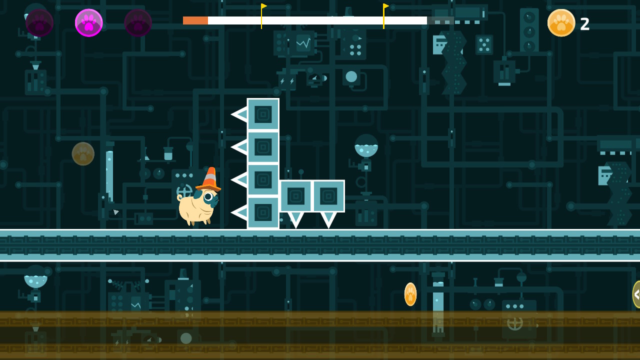 A screenshot of Double Pug Switch. Otis is about to run into some spikes.