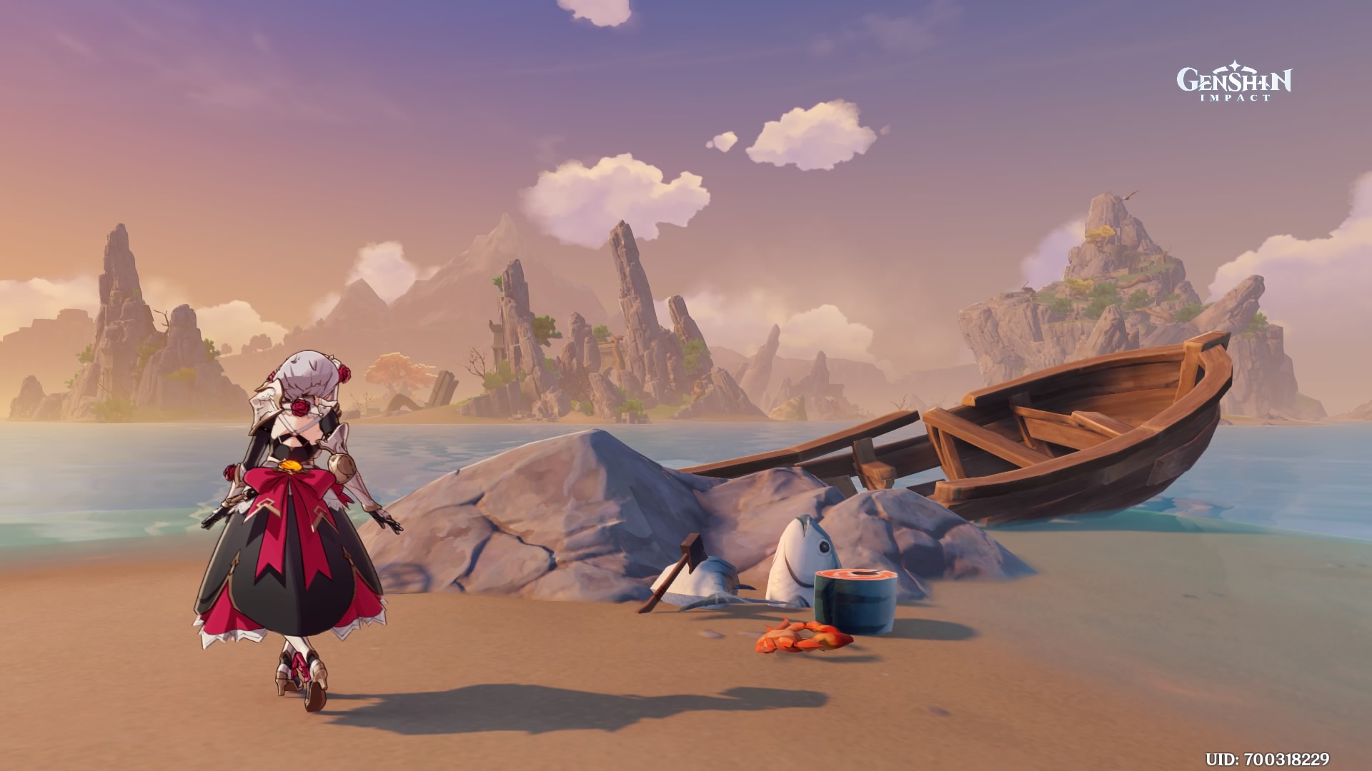A screenshot of Noelle on an island at sunset.