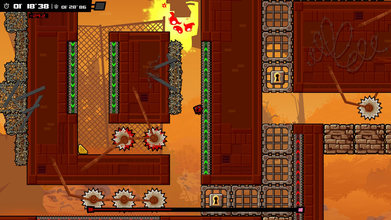A screenshot of Meat Boy navigating some traps.