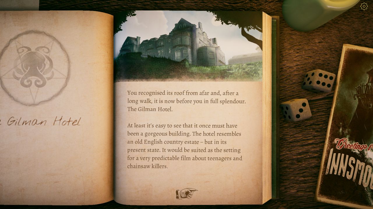 A screenshot from The Innsmouth Case, the book open to a page about The Gilman Hotel.