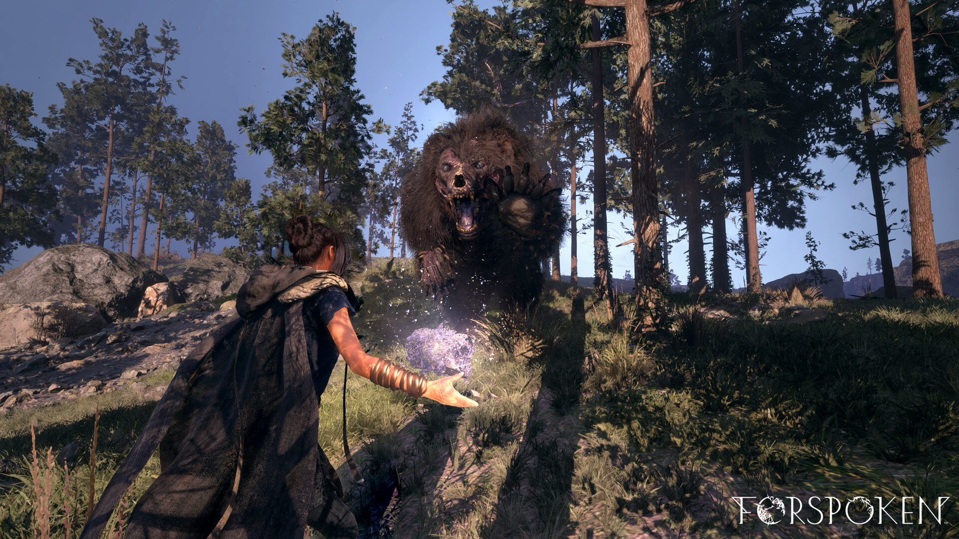 A screenshot from Forspoken, where we are about to be attacked by an enormous, undead bear.
