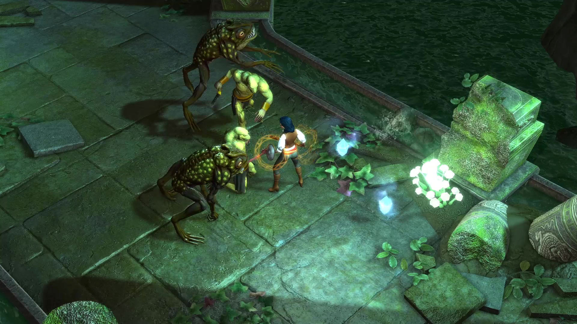 A screenshot of Aluna, surrounded by frog- and orc-like enemies.