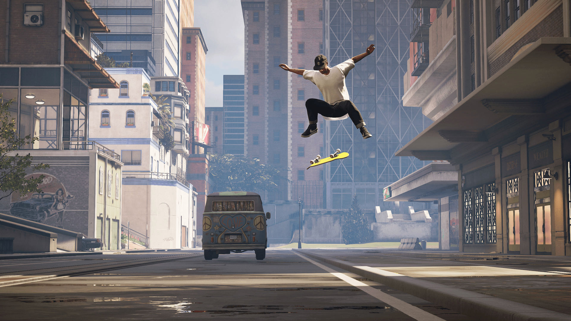 A screenshot from THPS, your skater doing a flip trick into the street.