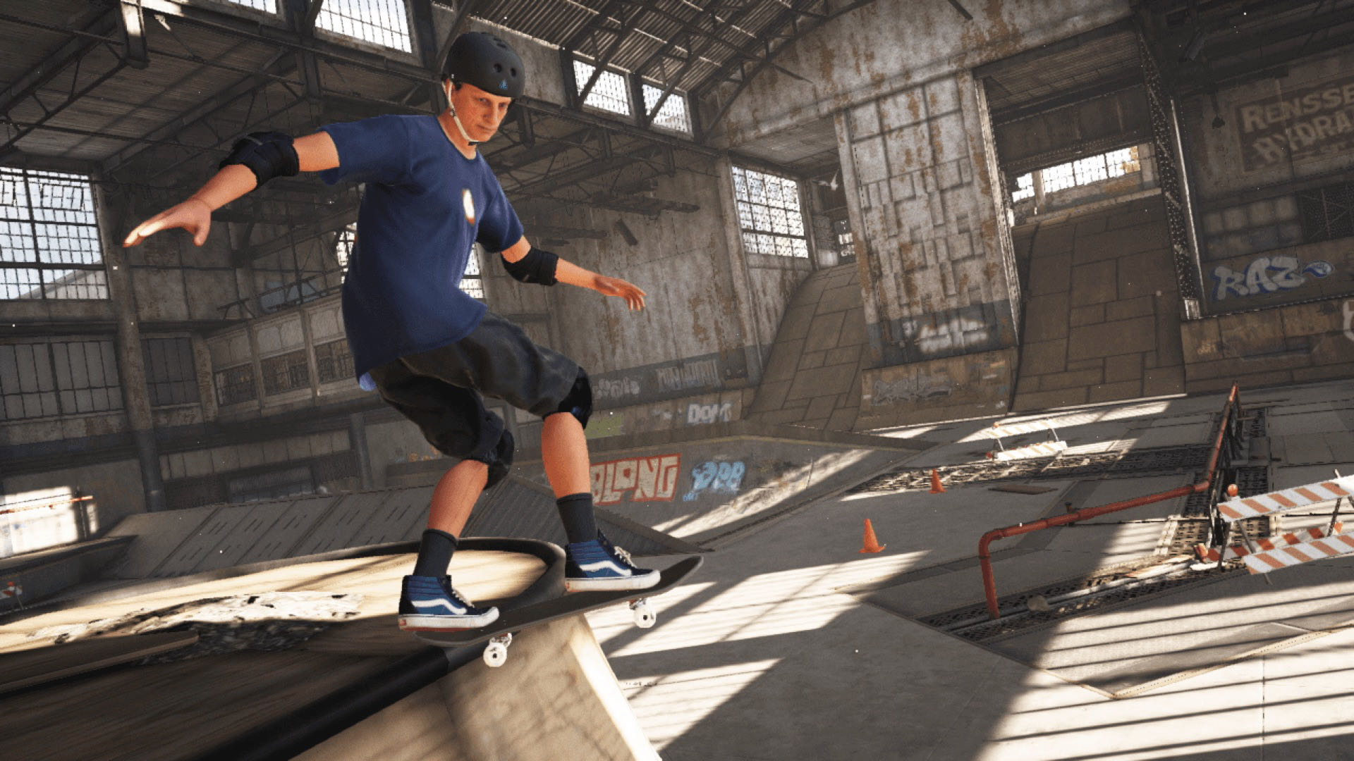 A close-up of Tony Hawk in THPS, performing a lip trick on a quarter pipe in The Warehouse.