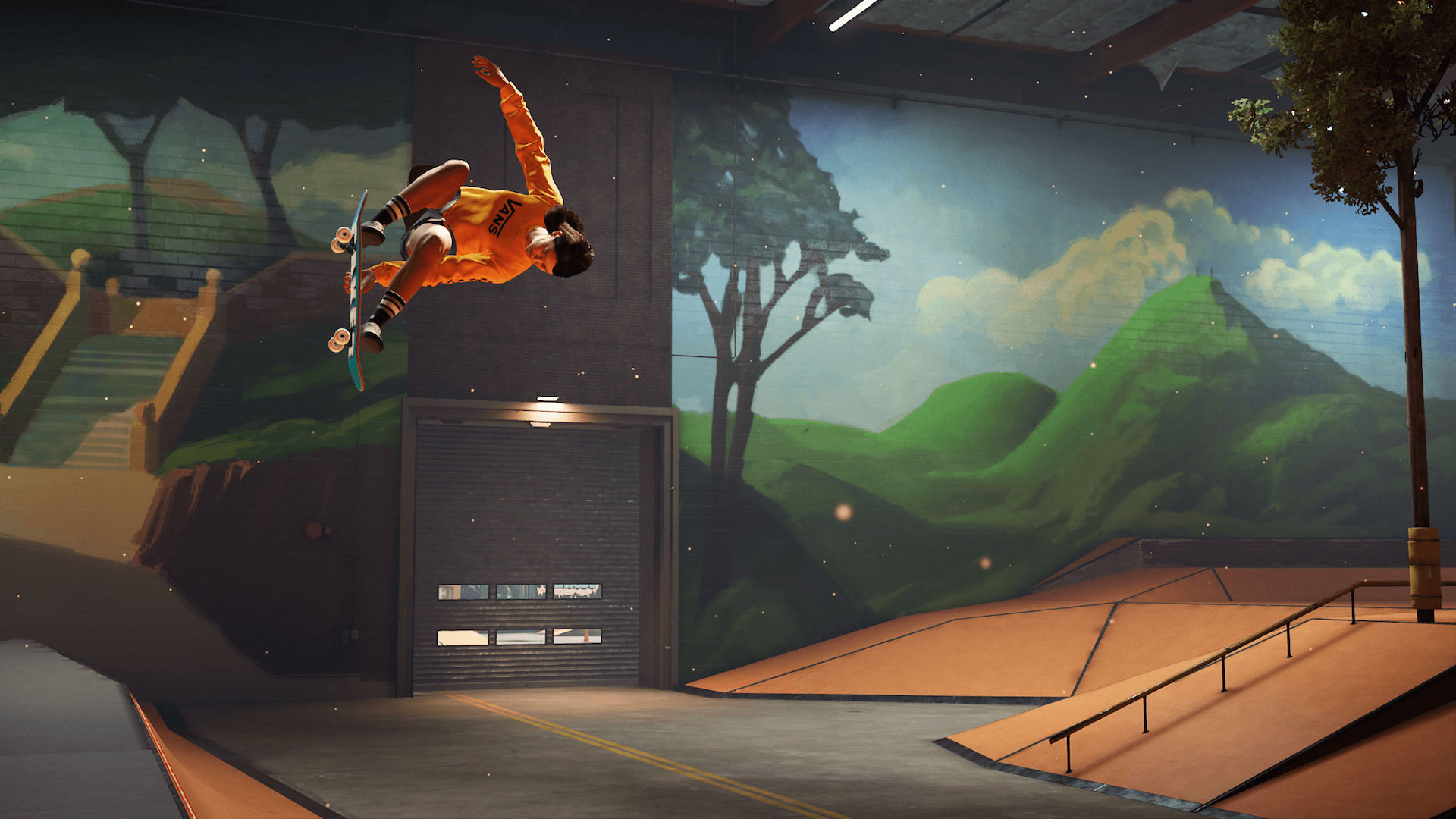 A screenshot from THPS, a skater wearing orange performs a Melon grab in a skatepark.