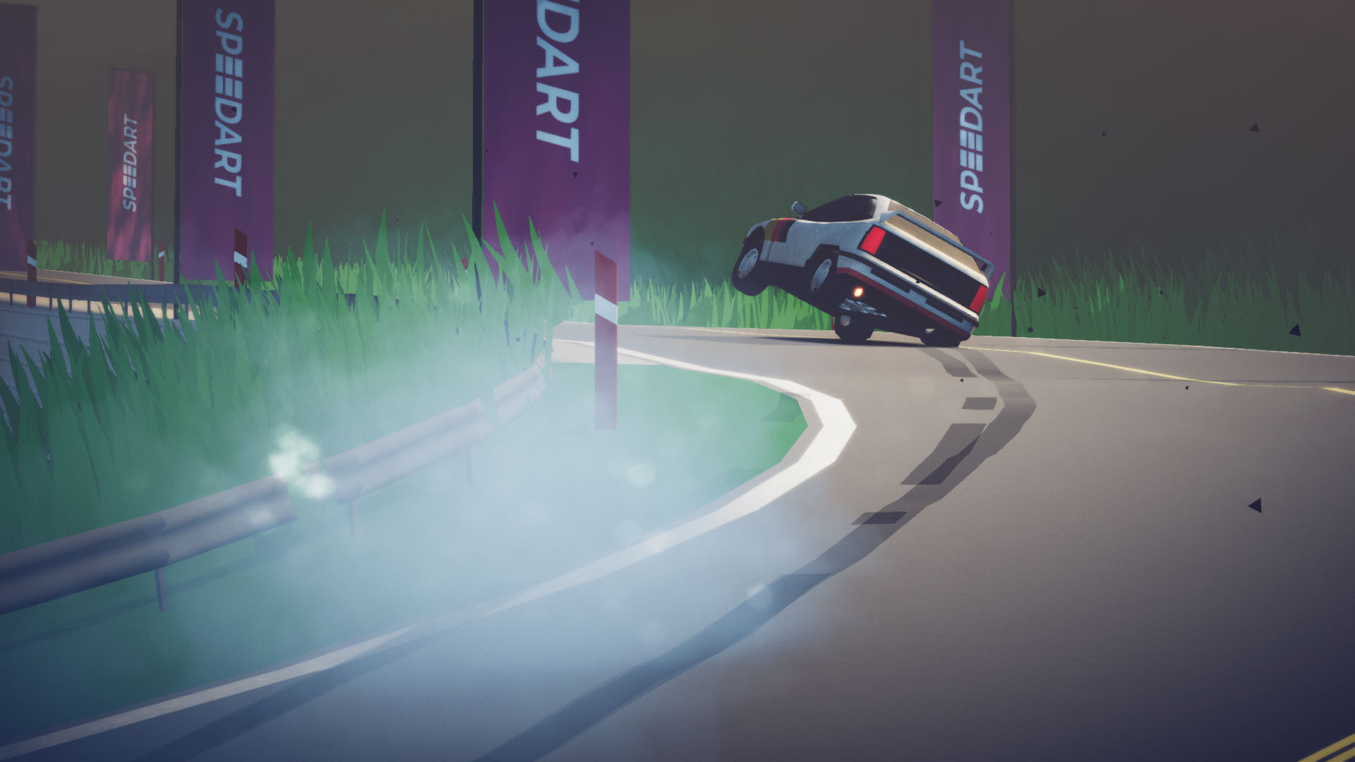 A screenshot from Art of Rally, your car screeching around a turn on two wheels.