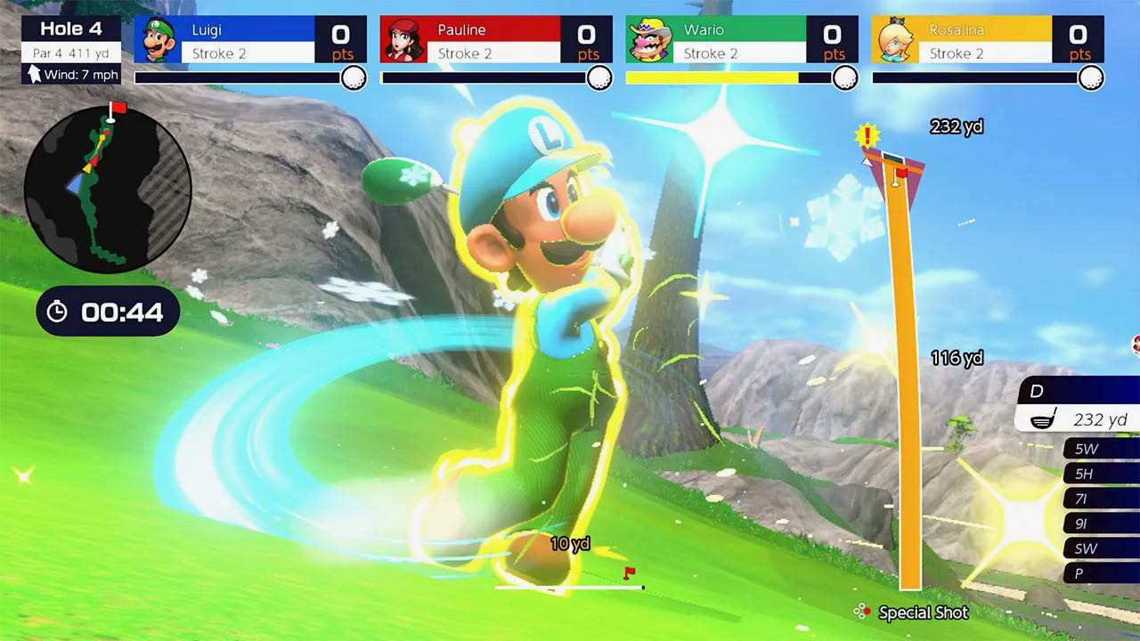 A screenshot from Mario Golf, showing Luigi moments after activating his special shot during a 4-player game of speed golf.