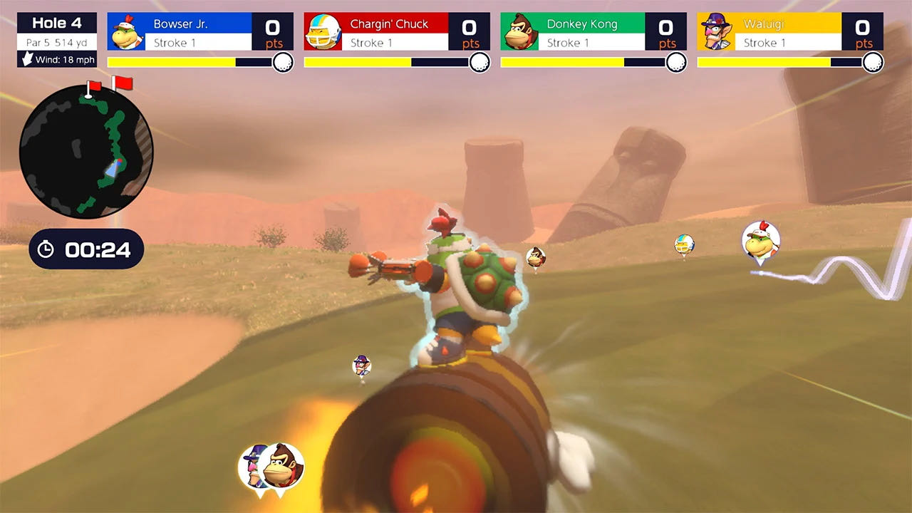 A screenshot from Super Rush, Bowser Jr surfing a Bullet Bill during a game of speed golf.