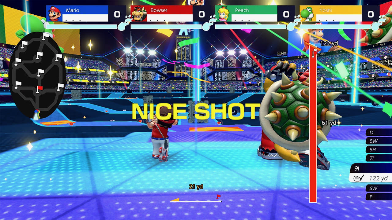 A screenshot of Battle Golf, Mario has just teed off alongside Bowser and they're about to rush into the arena.