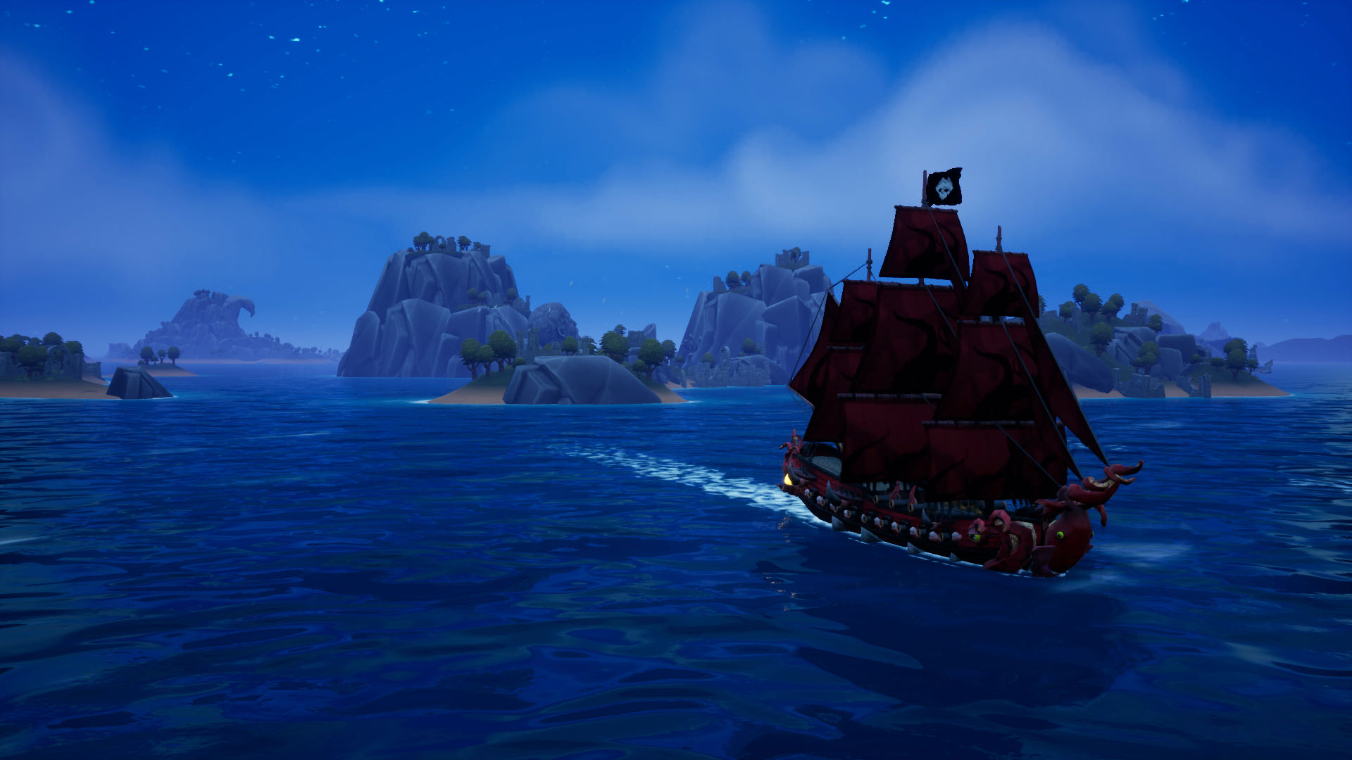 A nighttime screenshot from King of Seas, your silhouetted ship sailing away from a group of islands, towards the camera.