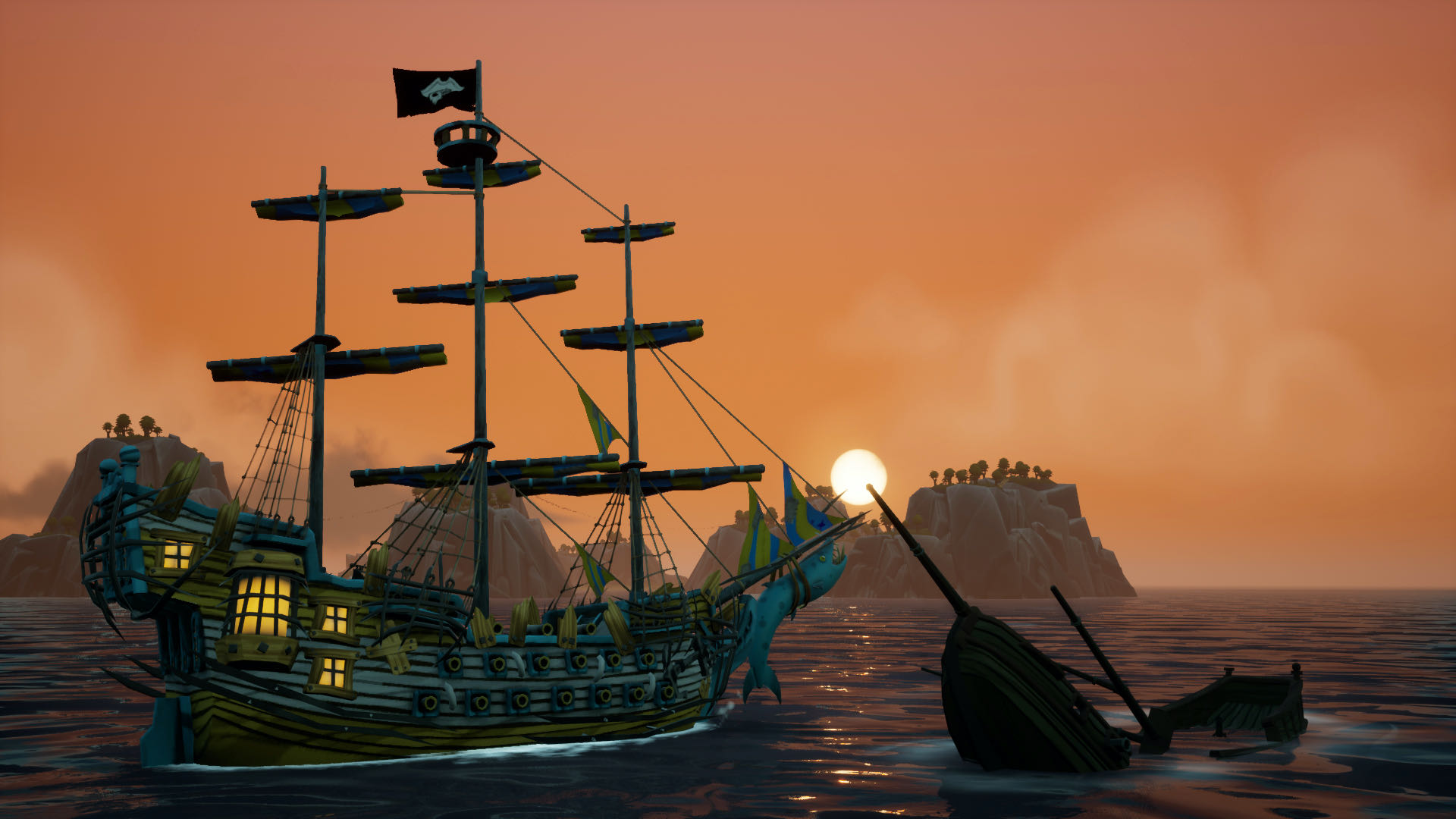 A screenshot from King of Seas, your ship passing a smaller wreck with the sun setting in the distance.
