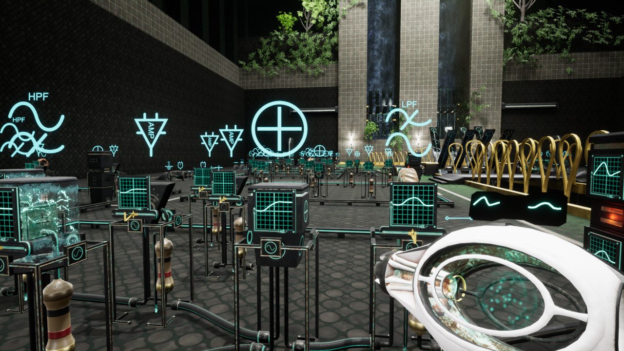 A screenshot from The Long Gate, you seem to be carrying a type of portal gun, surrounded by electronic circuitry.