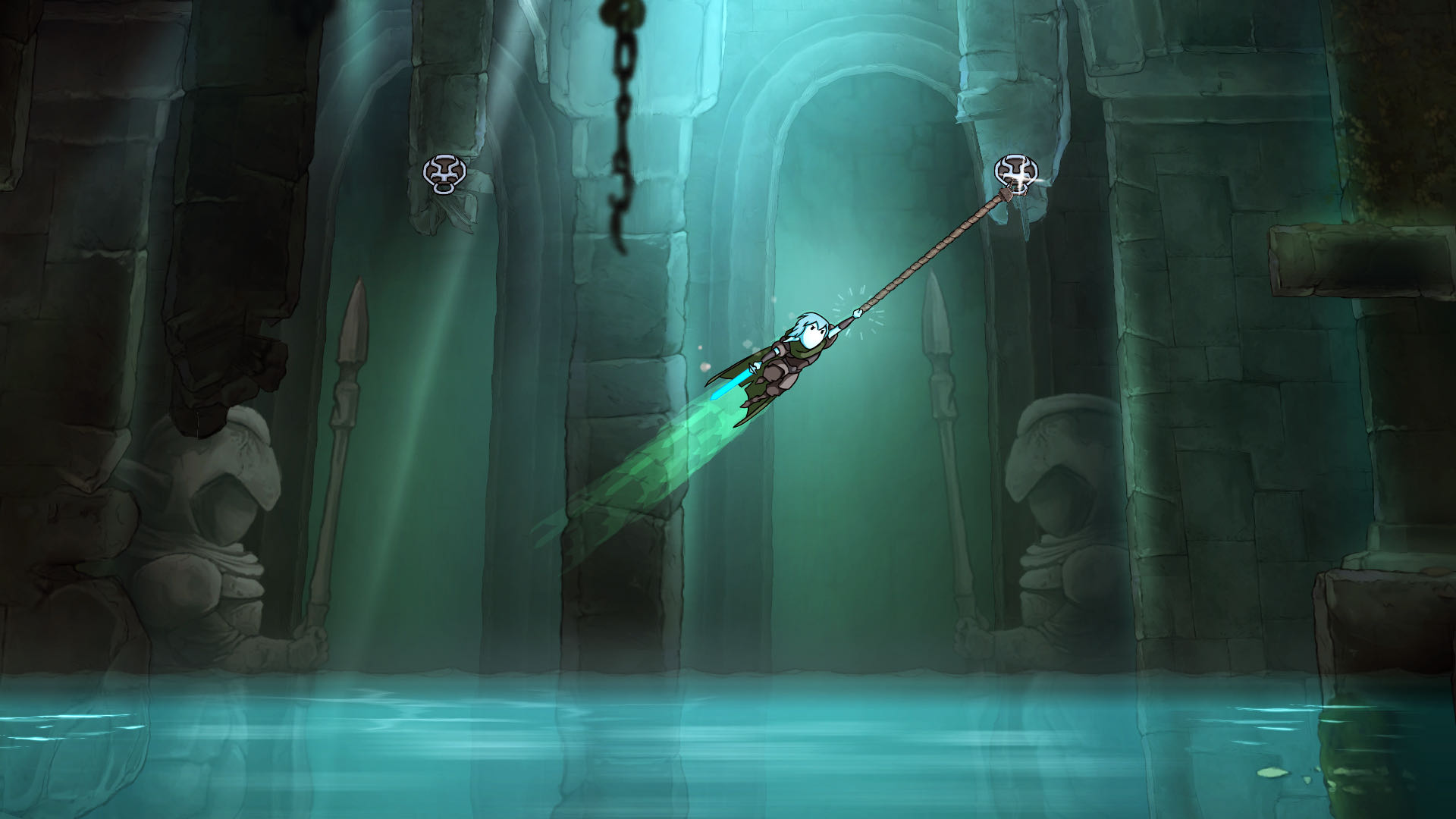 A screenshot from Greak, with Raydel using his grappling hook to cross a watery dungeon.