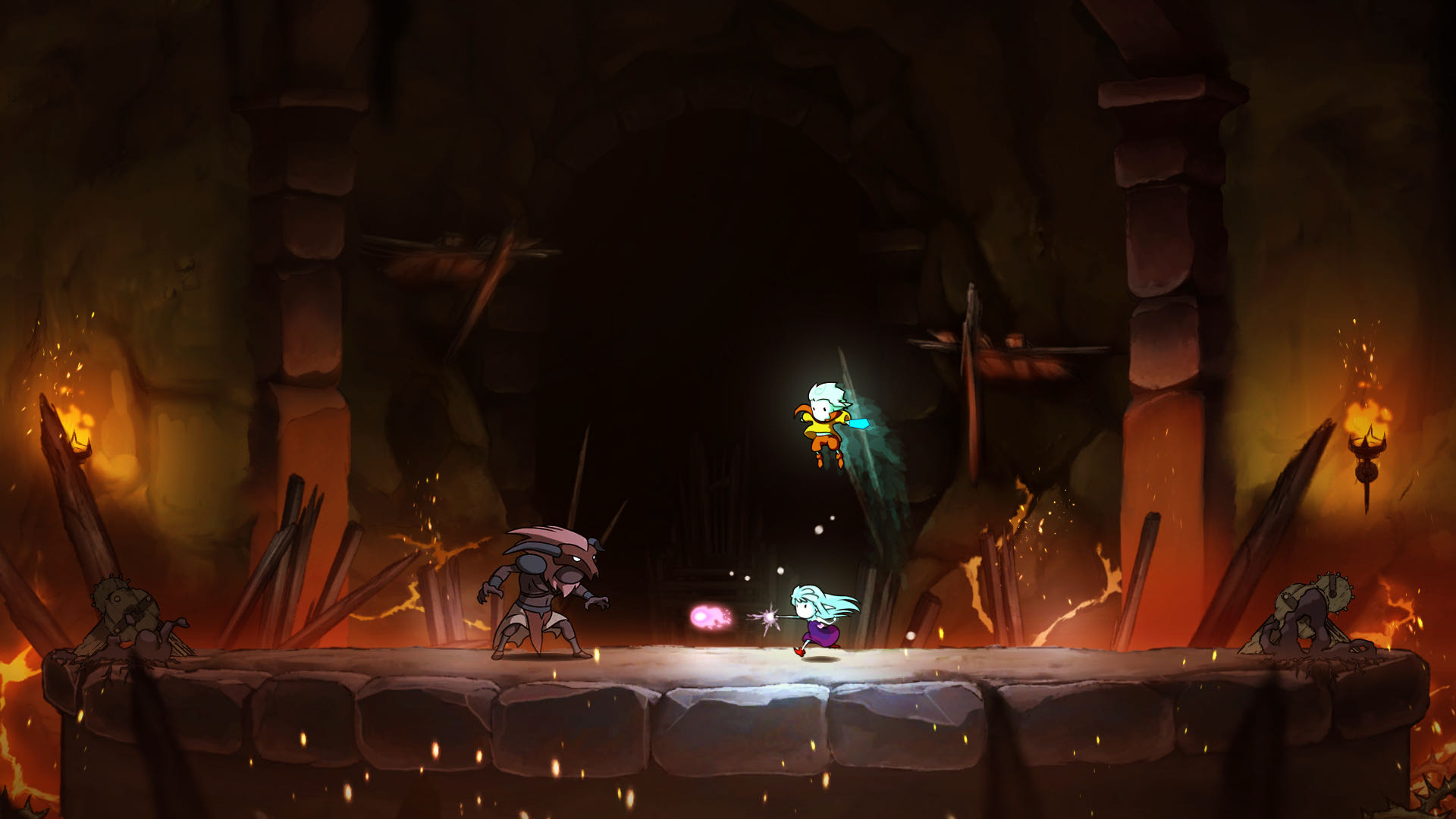 A screenshot from Greak, Greak and Adara are fighting a boss against a firey backdrop.