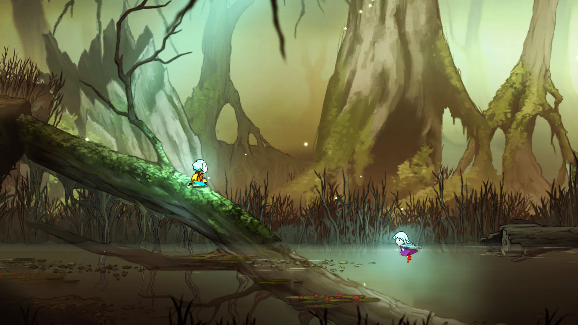 A screenshot from Greak, exploring a swampy woodland with gnarled trees and murky waters.
